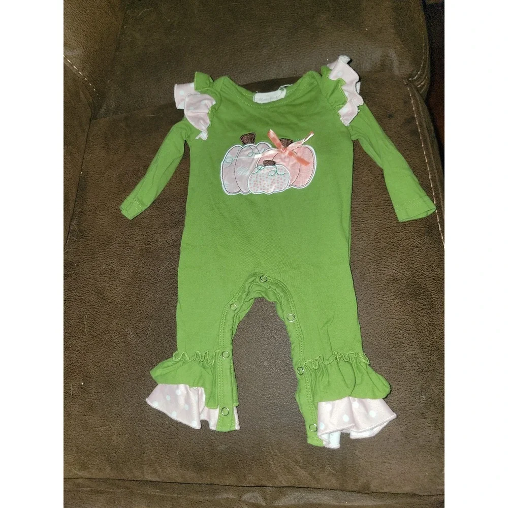 Marie nicole boutique fall Halloween pumpkin romper outfit size 0 3 months